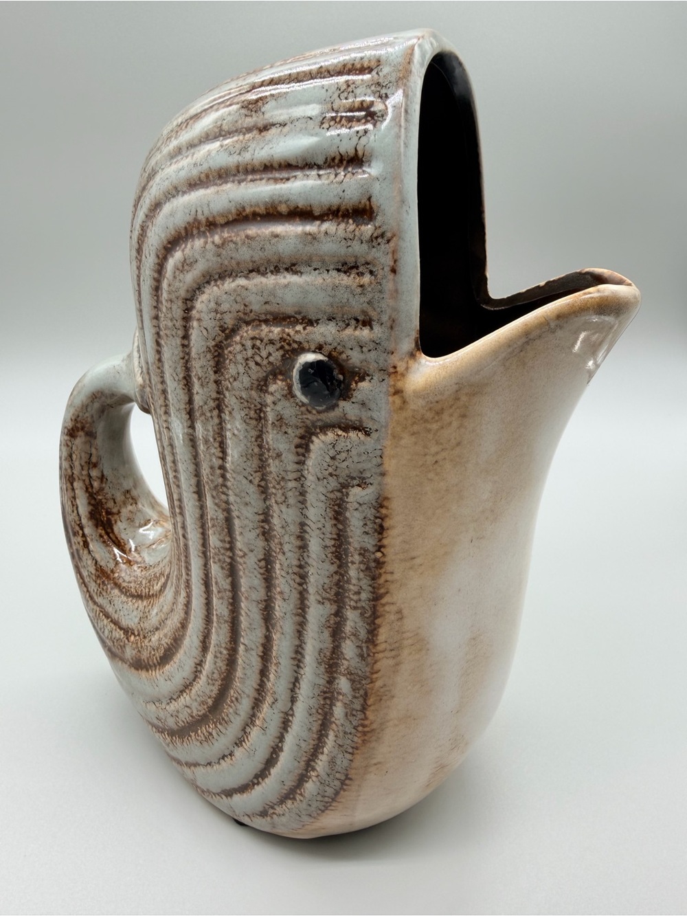 VTG Ceramic Whale Pitcher Vase Textured Stylized Coastal MCM Stoneware Jug 9"